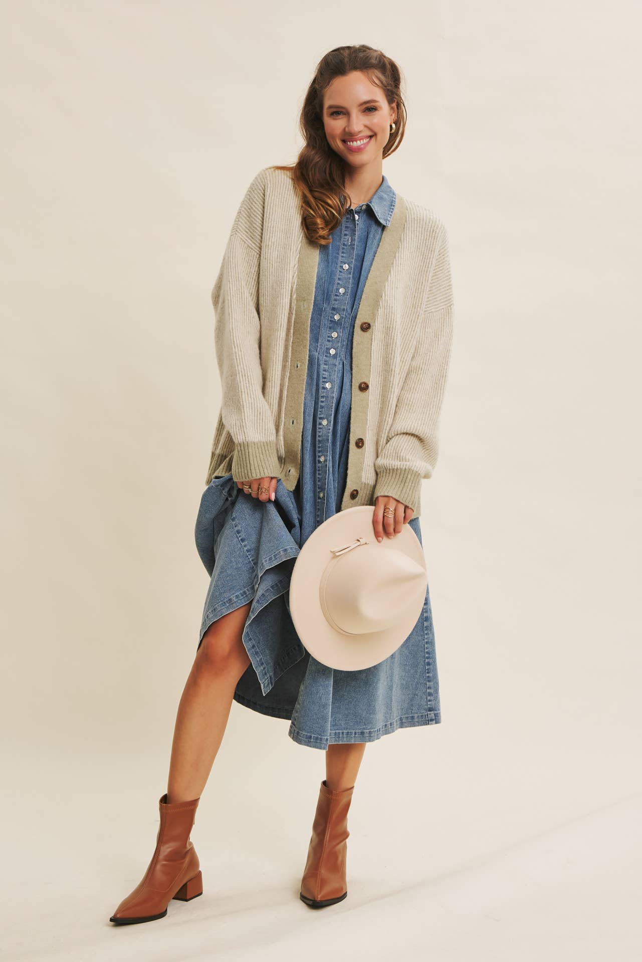 denim pleated midi dress