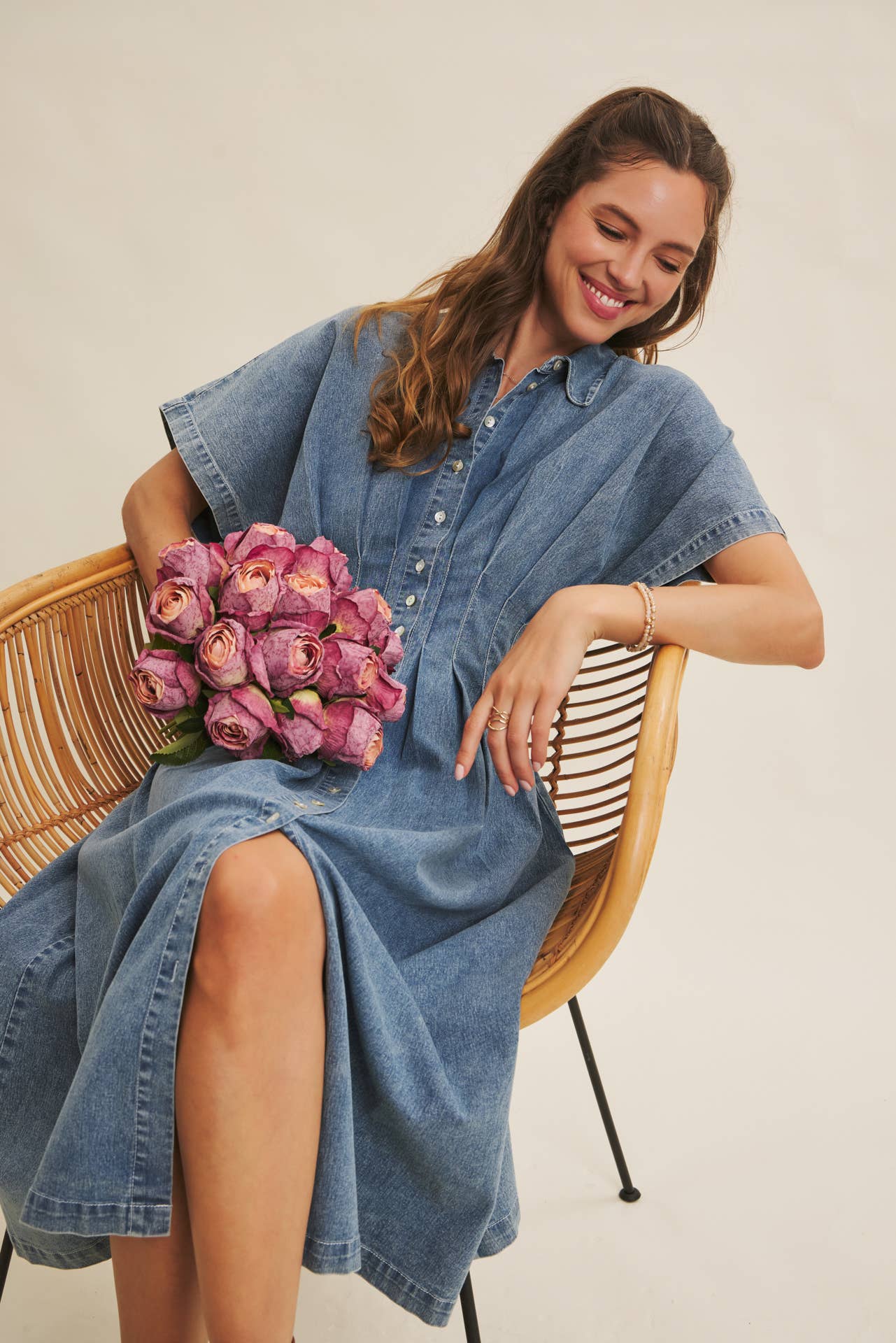 denim pleated midi dress