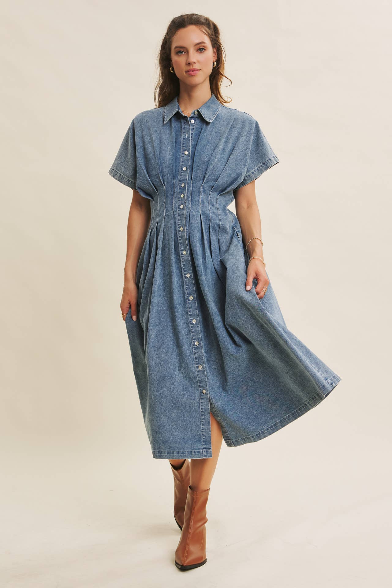 denim pleated midi dress