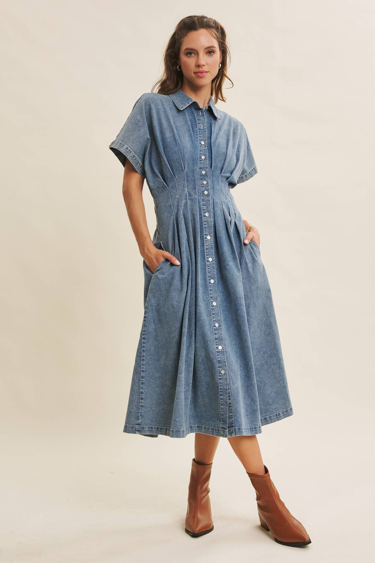 denim pleated midi dress