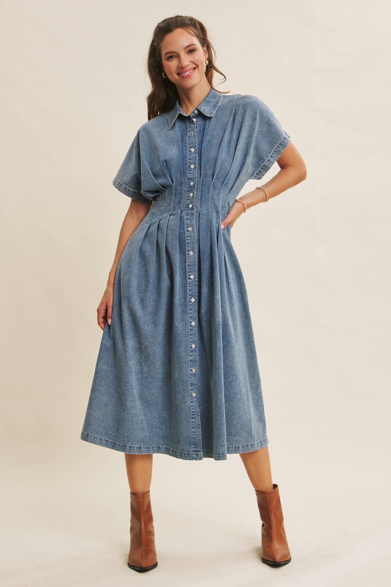 denim pleated midi dress
