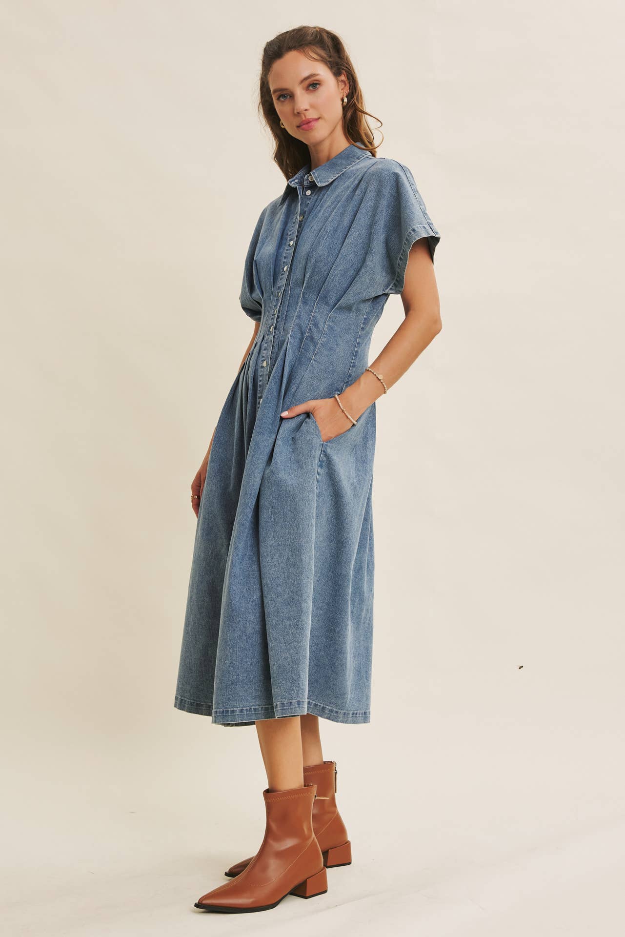 denim pleated midi dress