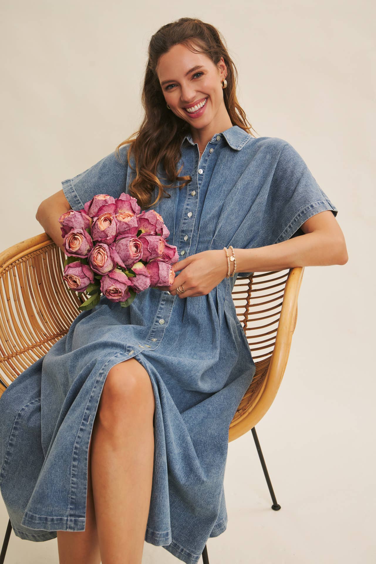 denim pleated midi dress