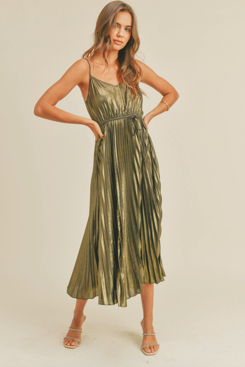 metallic pleated dress