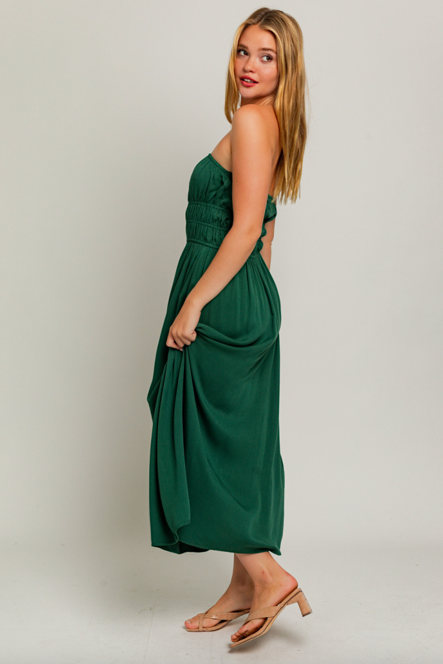 hannah strapless ruched maxi dress