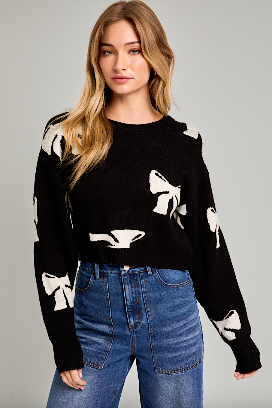 cropped coquette bow sweater