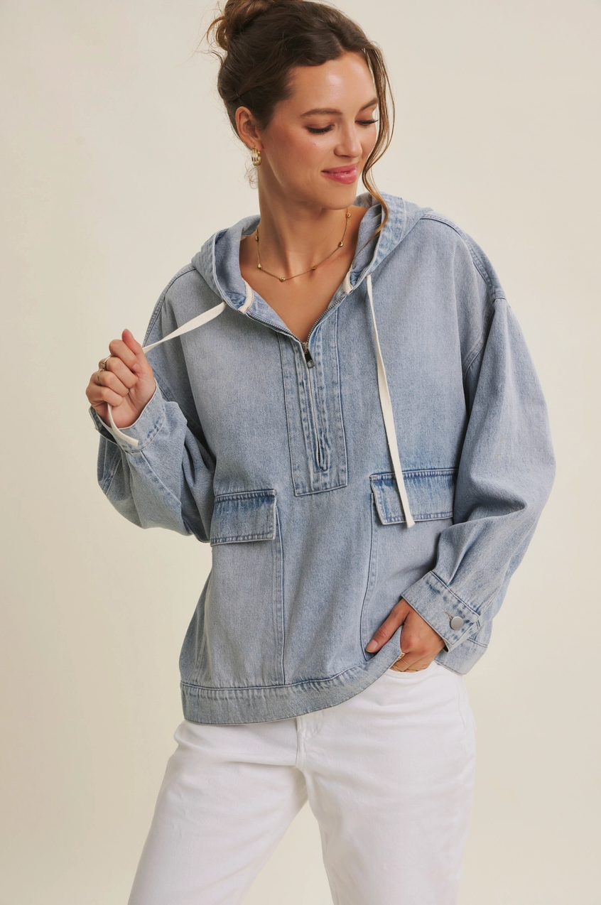 denim drawstring hooded jacket