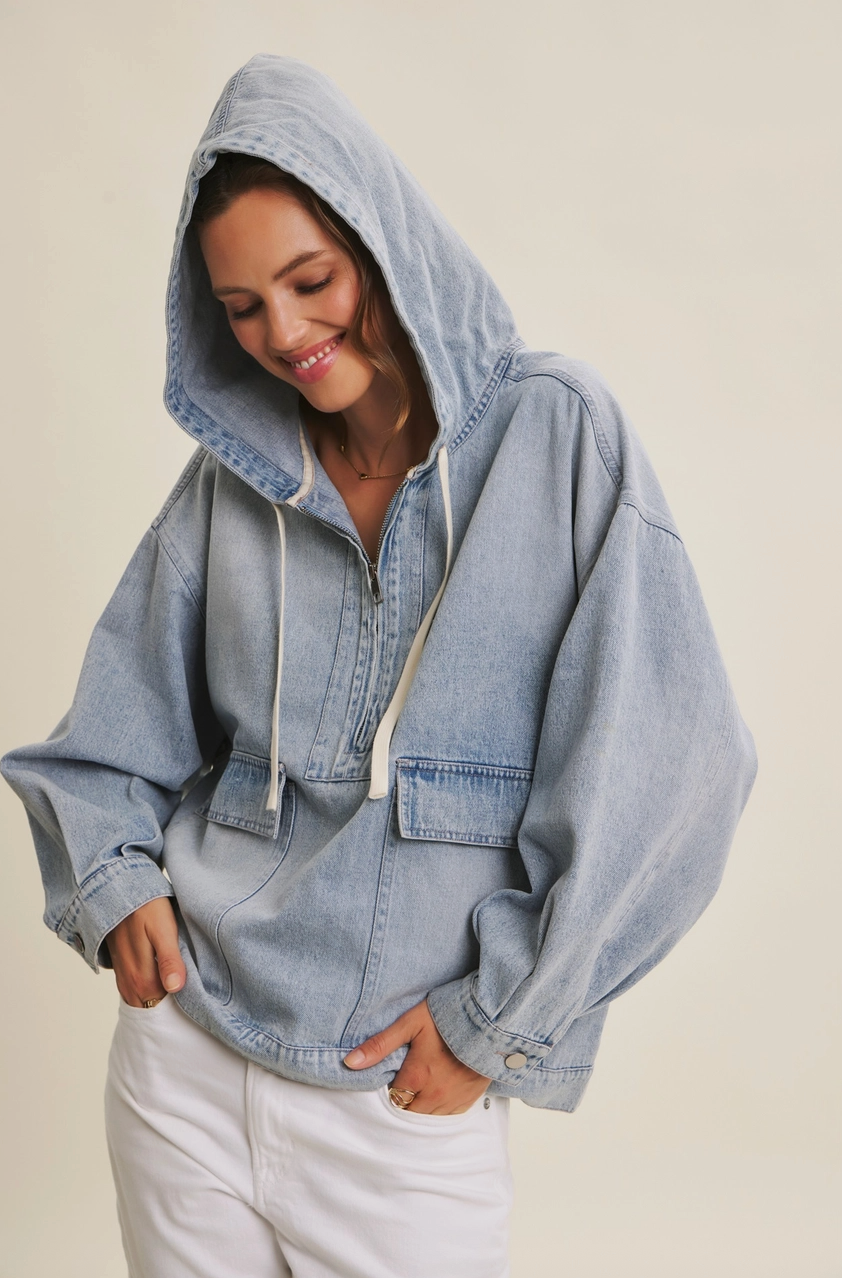 denim drawstring hooded jacket