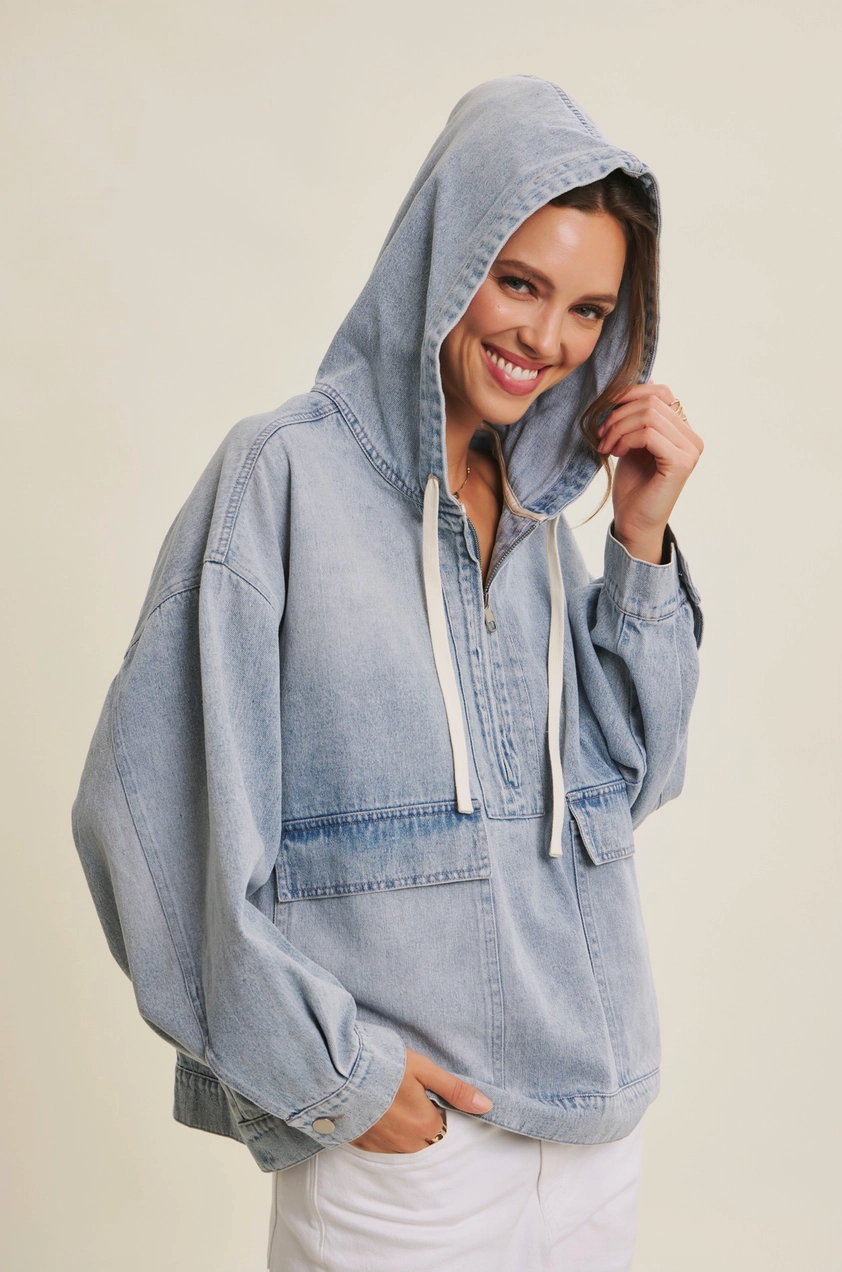 denim drawstring hooded jacket