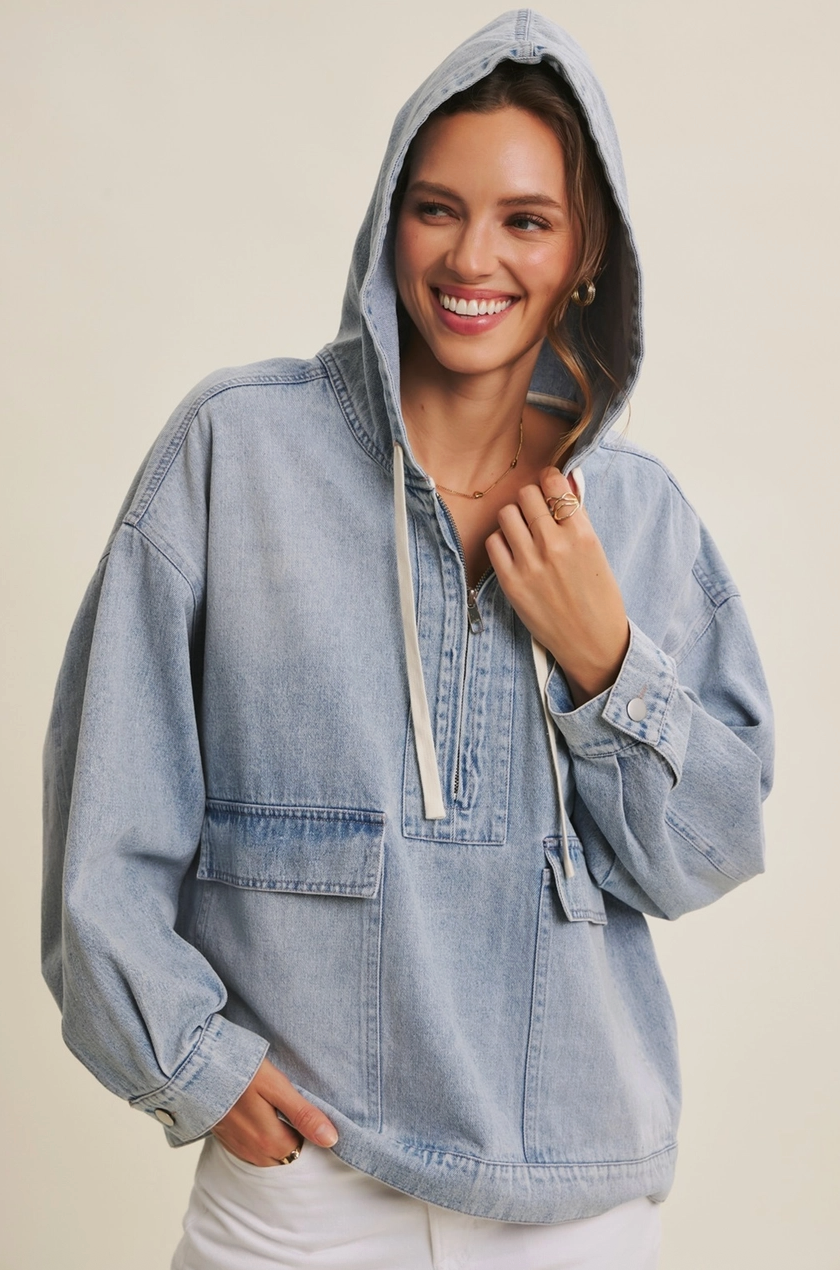 denim drawstring hooded jacket