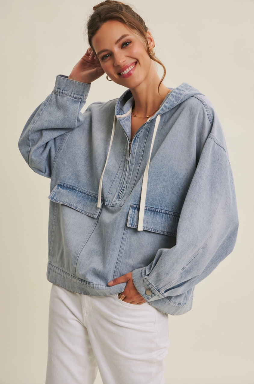 denim drawstring hooded jacket