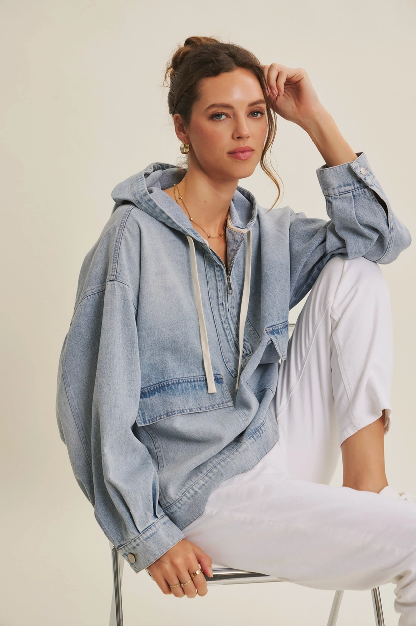 denim drawstring hooded jacket