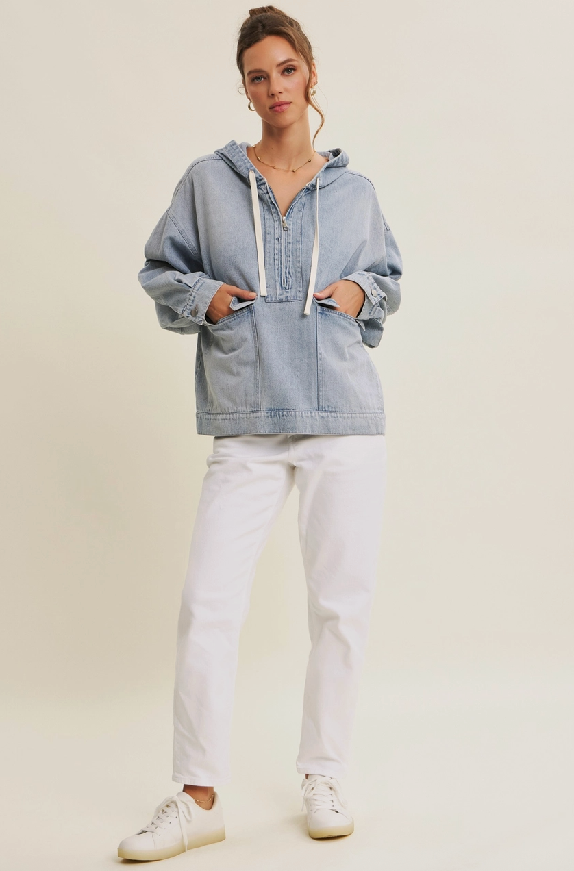 denim drawstring hooded jacket