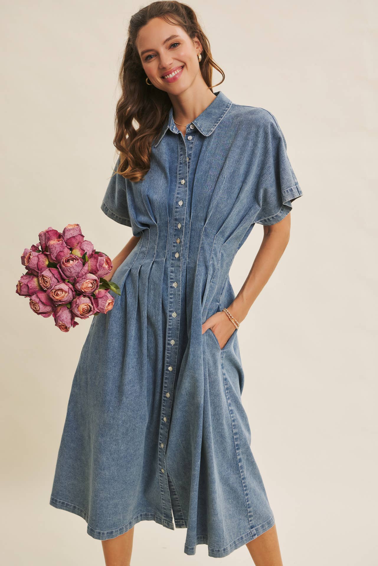 denim pleated midi dress