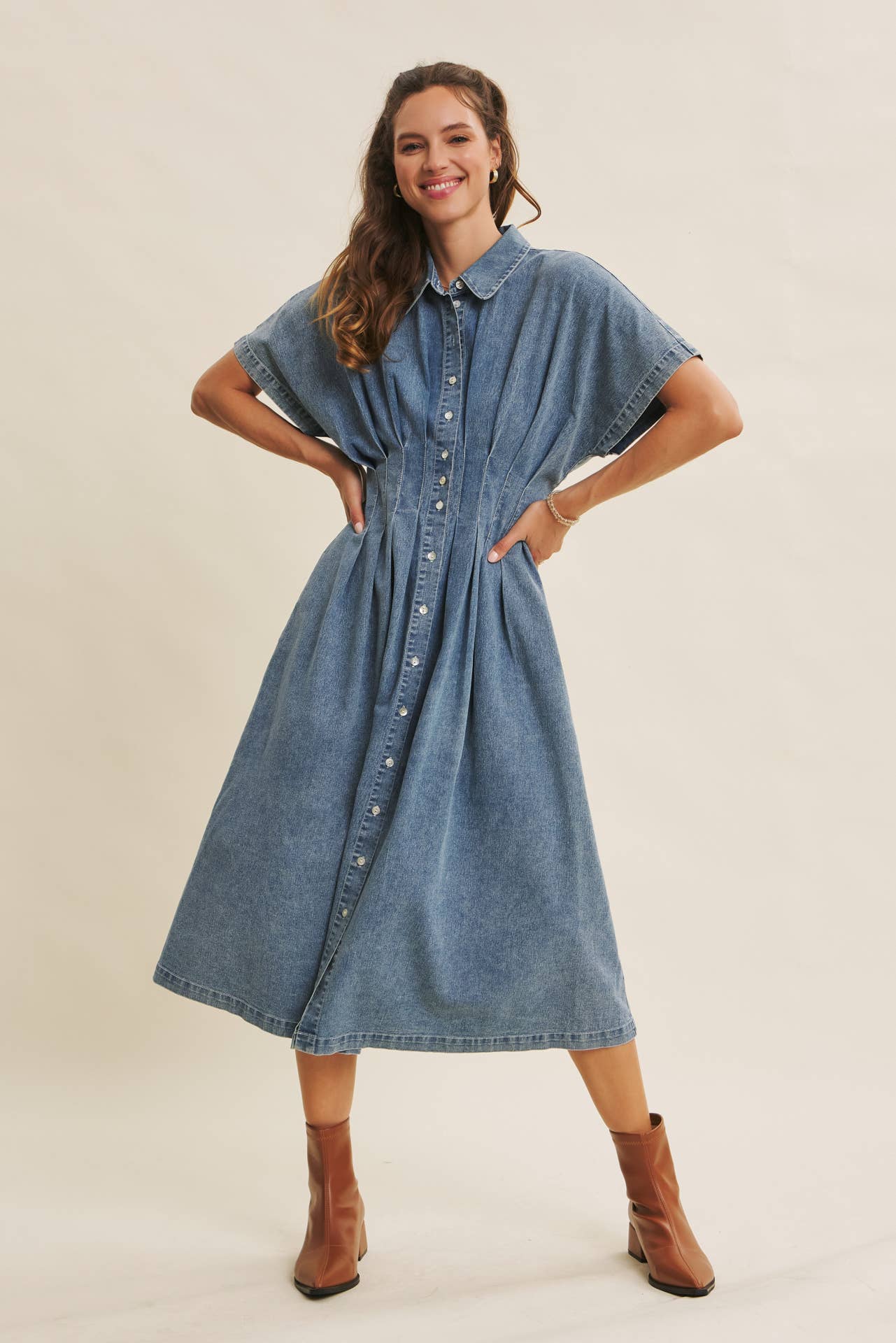 denim pleated midi dress