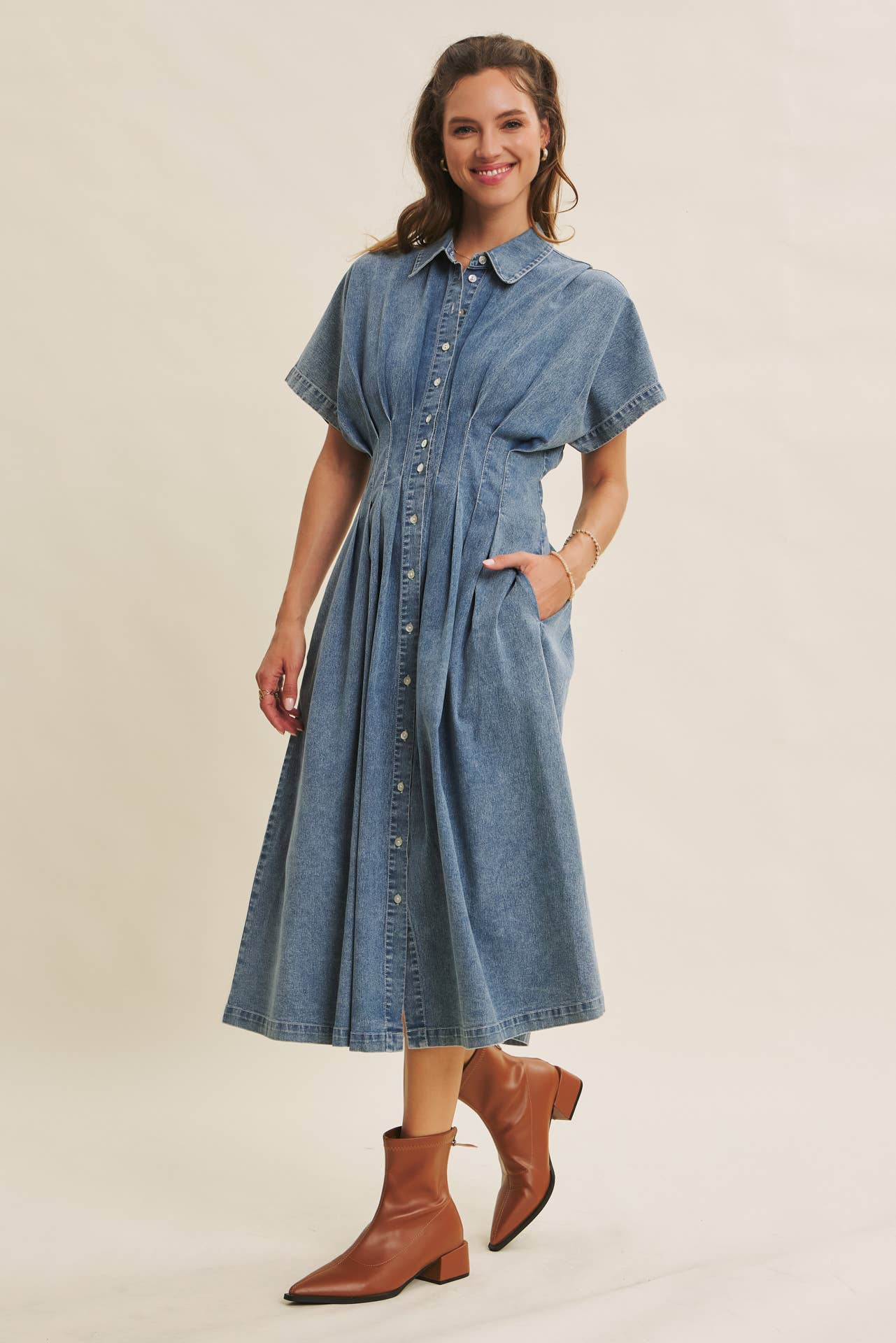 denim pleated midi dress