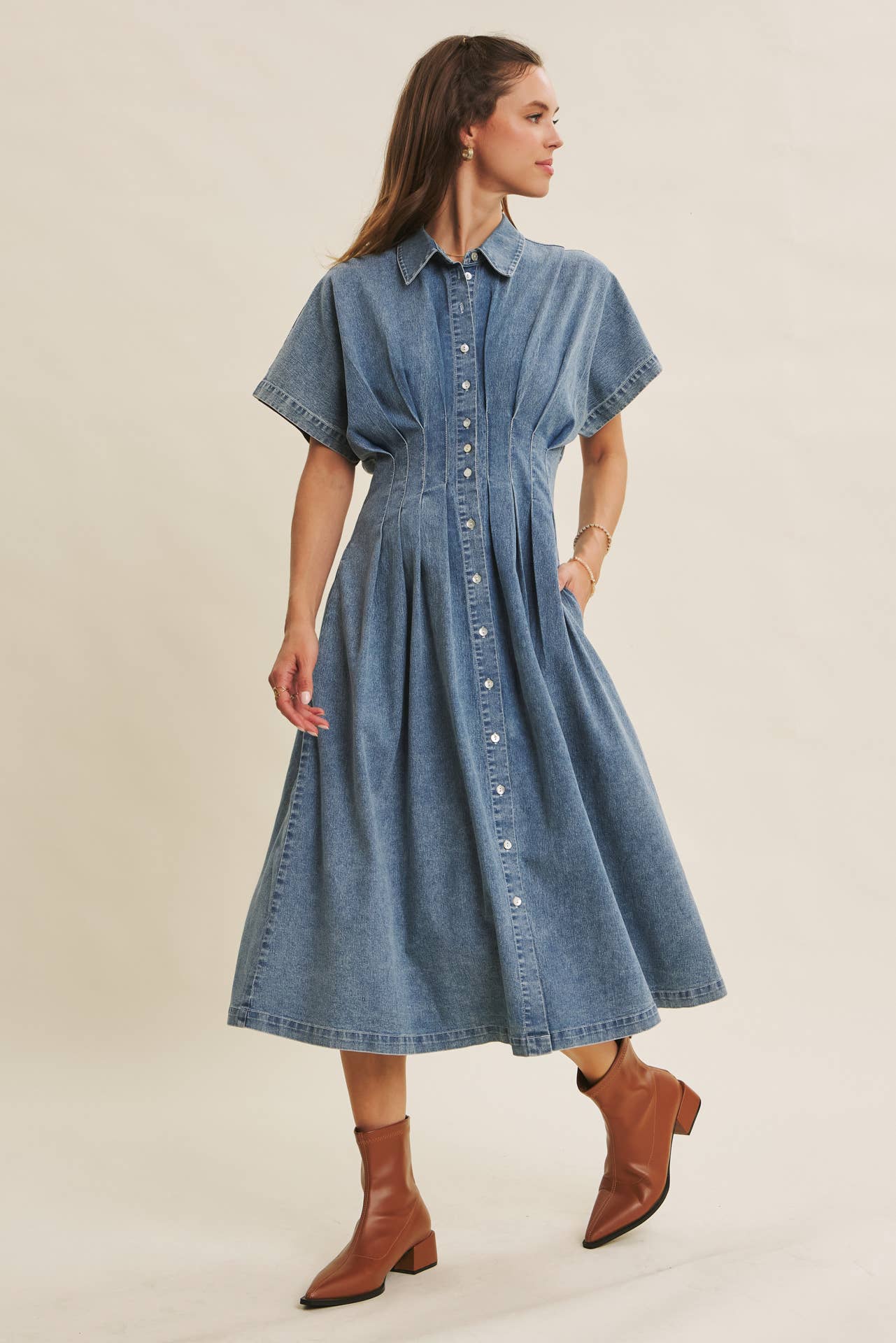 denim pleated midi dress