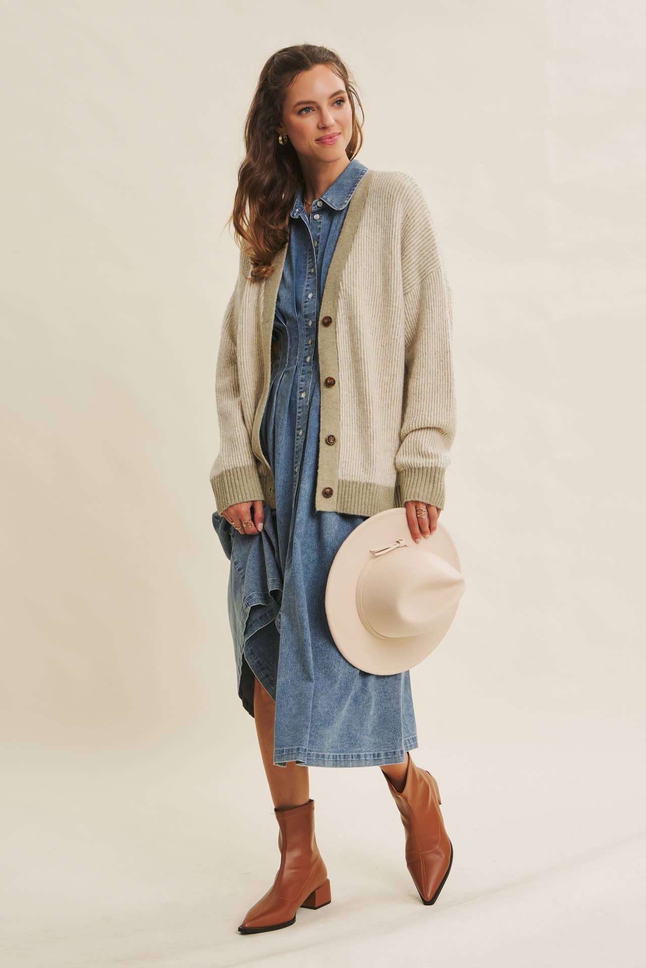 denim pleated midi dress