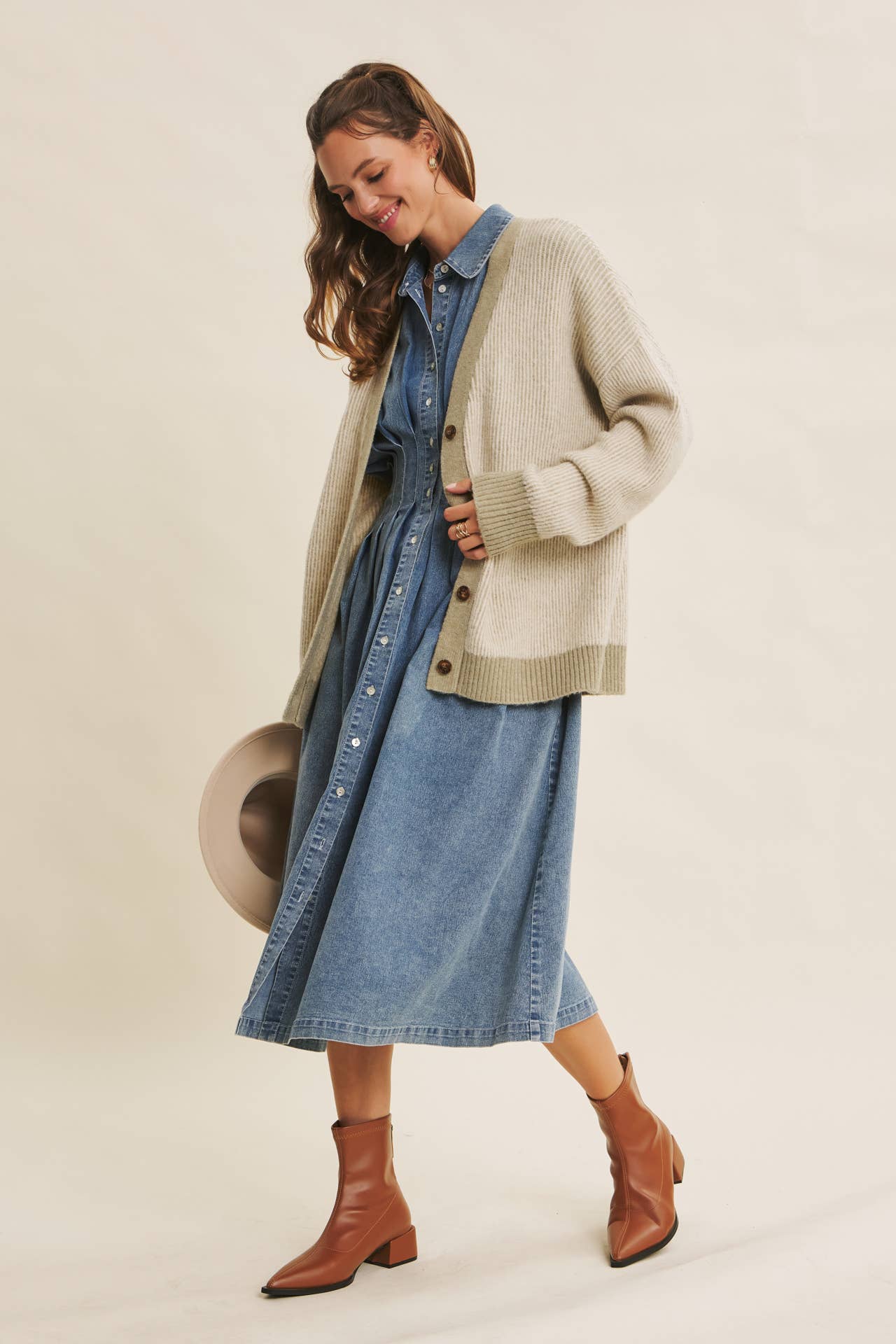 denim pleated midi dress