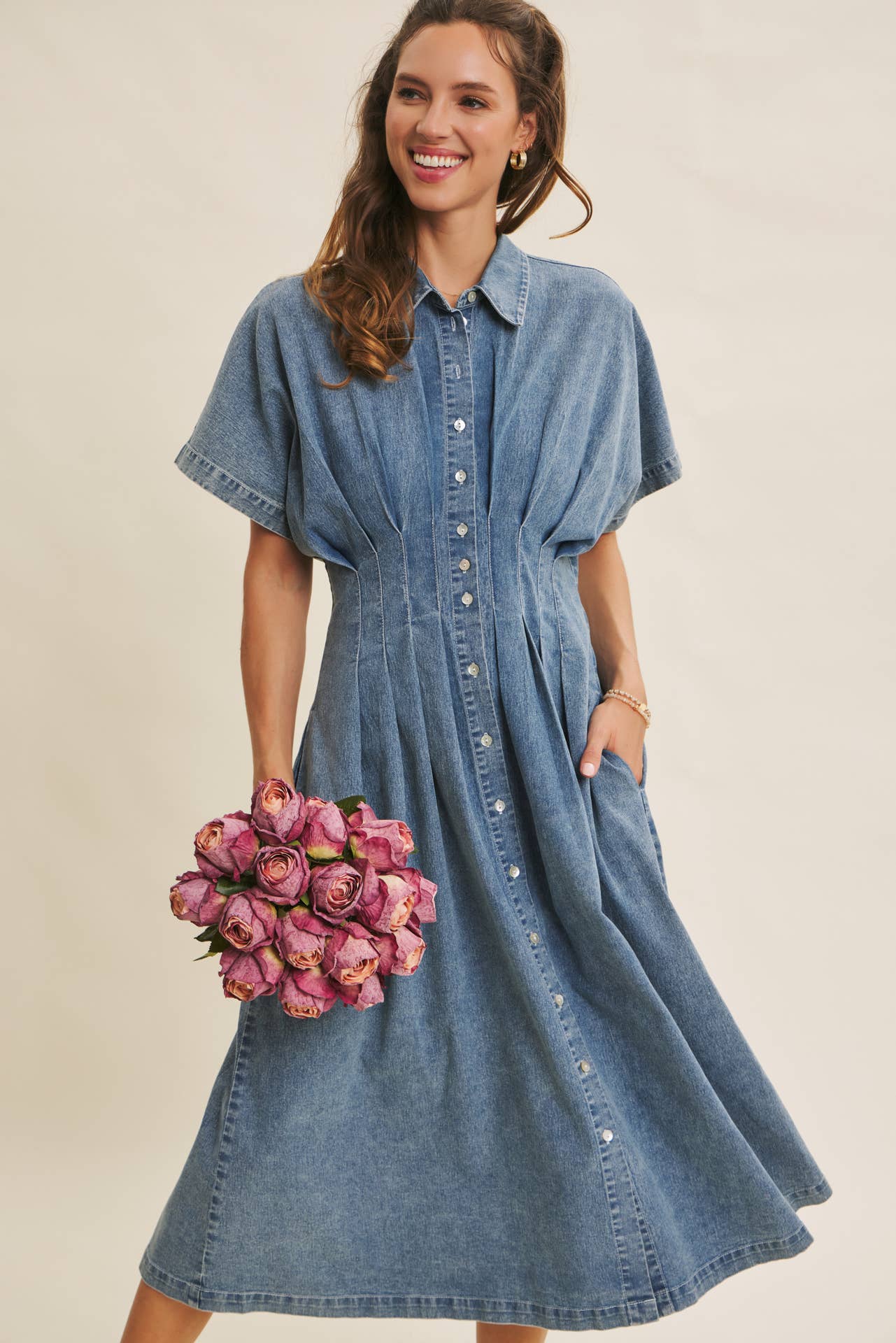 denim pleated midi dress