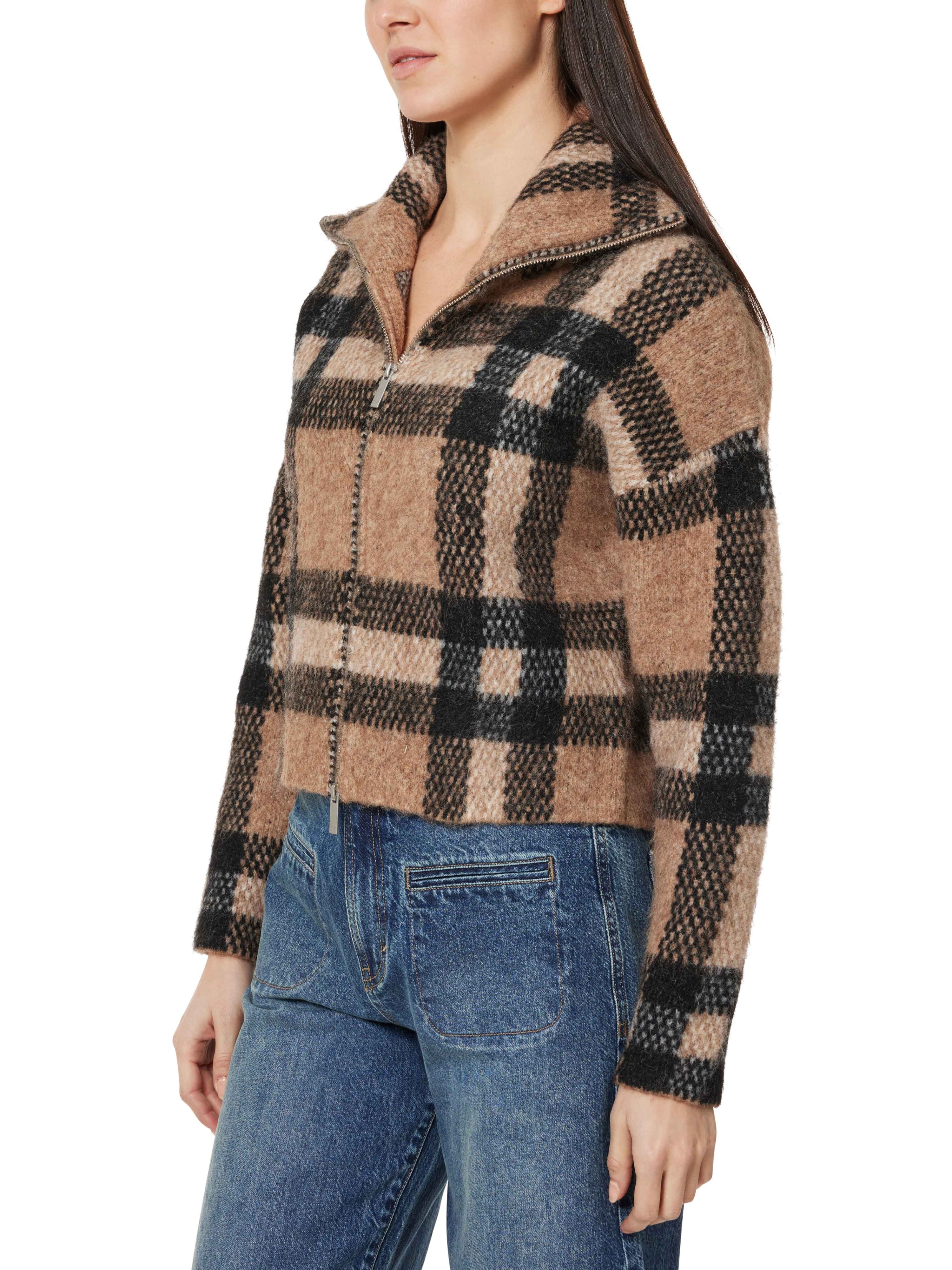 plaid zip front cardigan